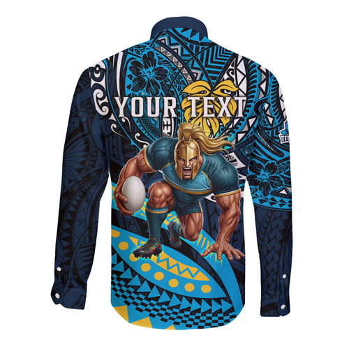 Personalised Gold Coast Titans Long Sleeve Button Shirt Polynesian Tribal Art Style With Spartan Titan Mascot
