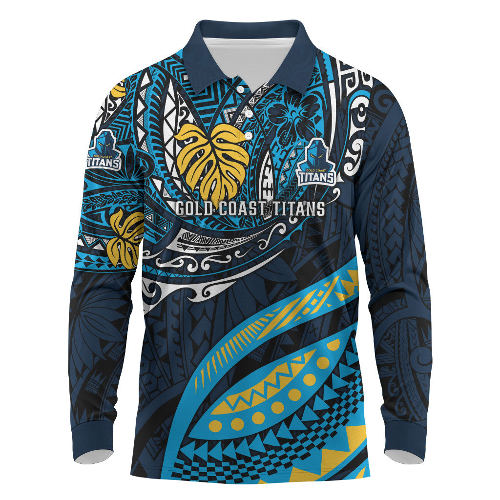 Personalised Gold Coast Titans Long Sleeve Polo Shirt Polynesian Tribal Art Style With Spartan Titan Mascot