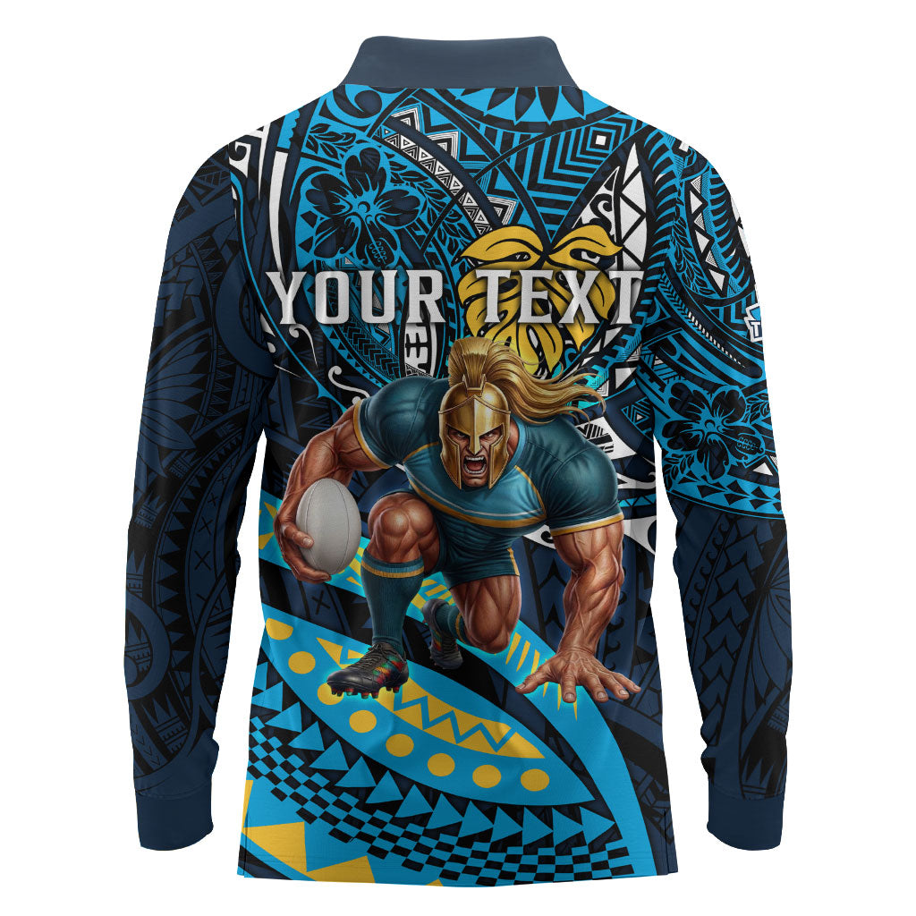 Personalised Gold Coast Titans Long Sleeve Polo Shirt Polynesian Tribal Art Style With Spartan Titan Mascot