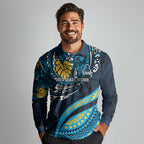 Personalised Gold Coast Titans Long Sleeve Polo Shirt Polynesian Tribal Art Style With Spartan Titan Mascot