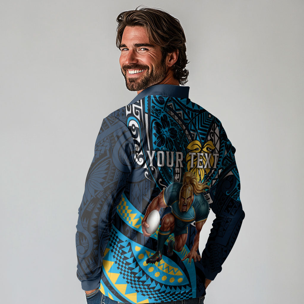 Personalised Gold Coast Titans Long Sleeve Polo Shirt Polynesian Tribal Art Style With Spartan Titan Mascot