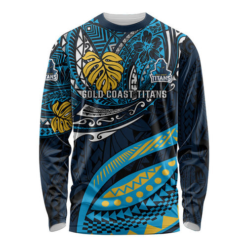 Personalised Gold Coast Titans Long Sleeve Shirt Polynesian Tribal Art Style With Spartan Titan Mascot