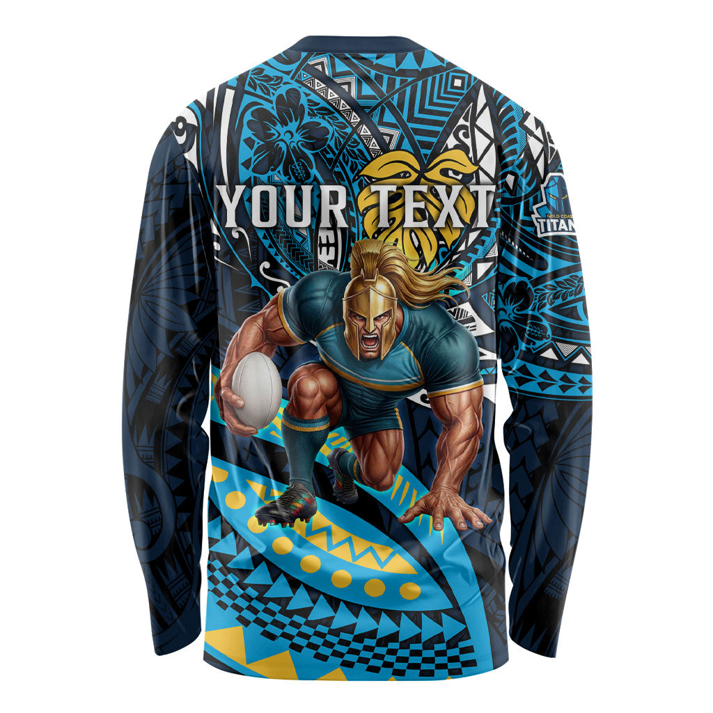 Personalised Gold Coast Titans Long Sleeve Shirt Polynesian Tribal Art Style With Spartan Titan Mascot