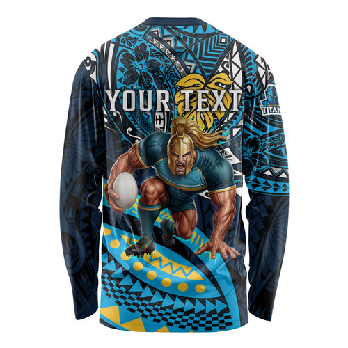 Personalised Gold Coast Titans Long Sleeve Shirt Polynesian Tribal Art Style With Spartan Titan Mascot