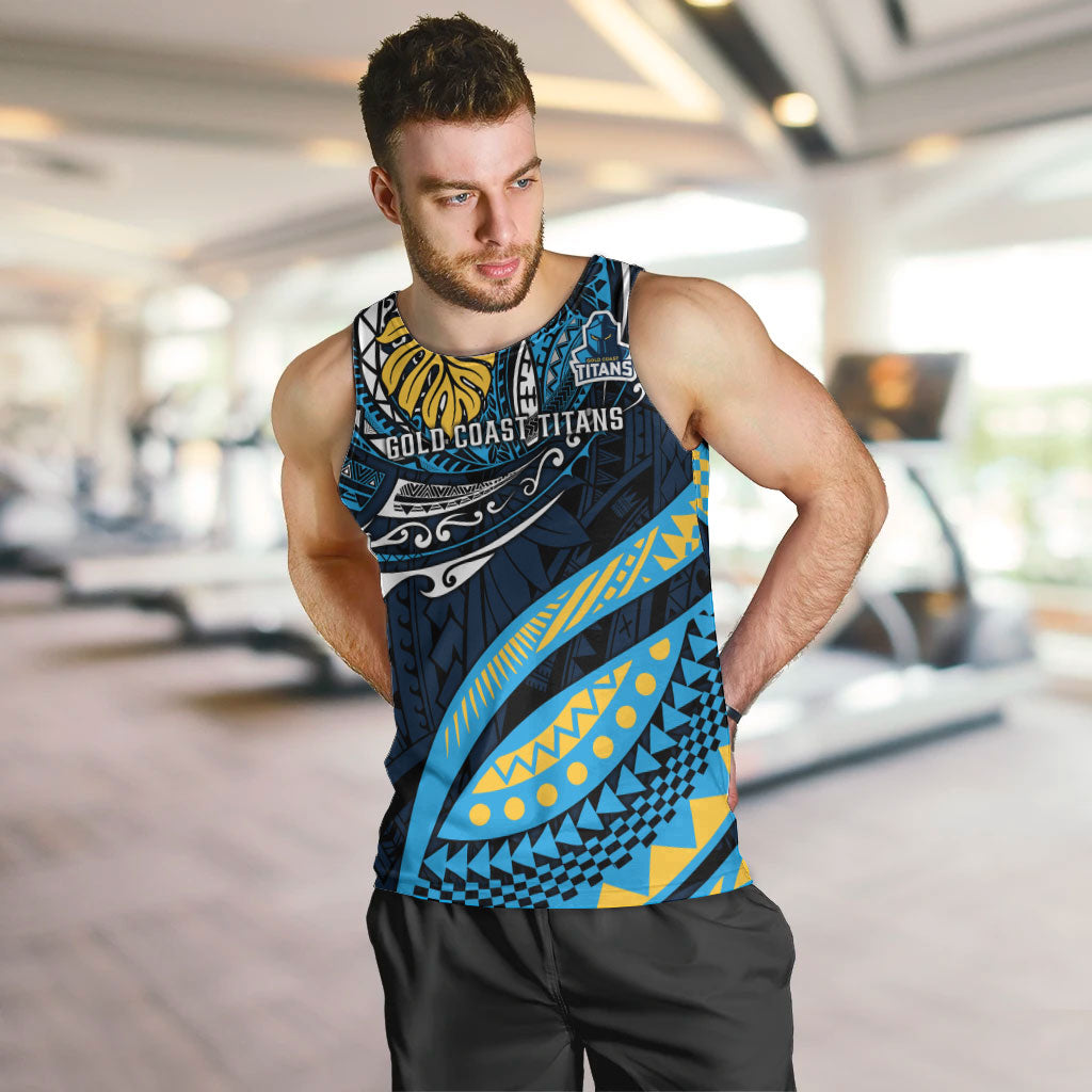 Personalised Gold Coast Titans Men Tank Top Polynesian Tribal Art Style With Spartan Titan Mascot