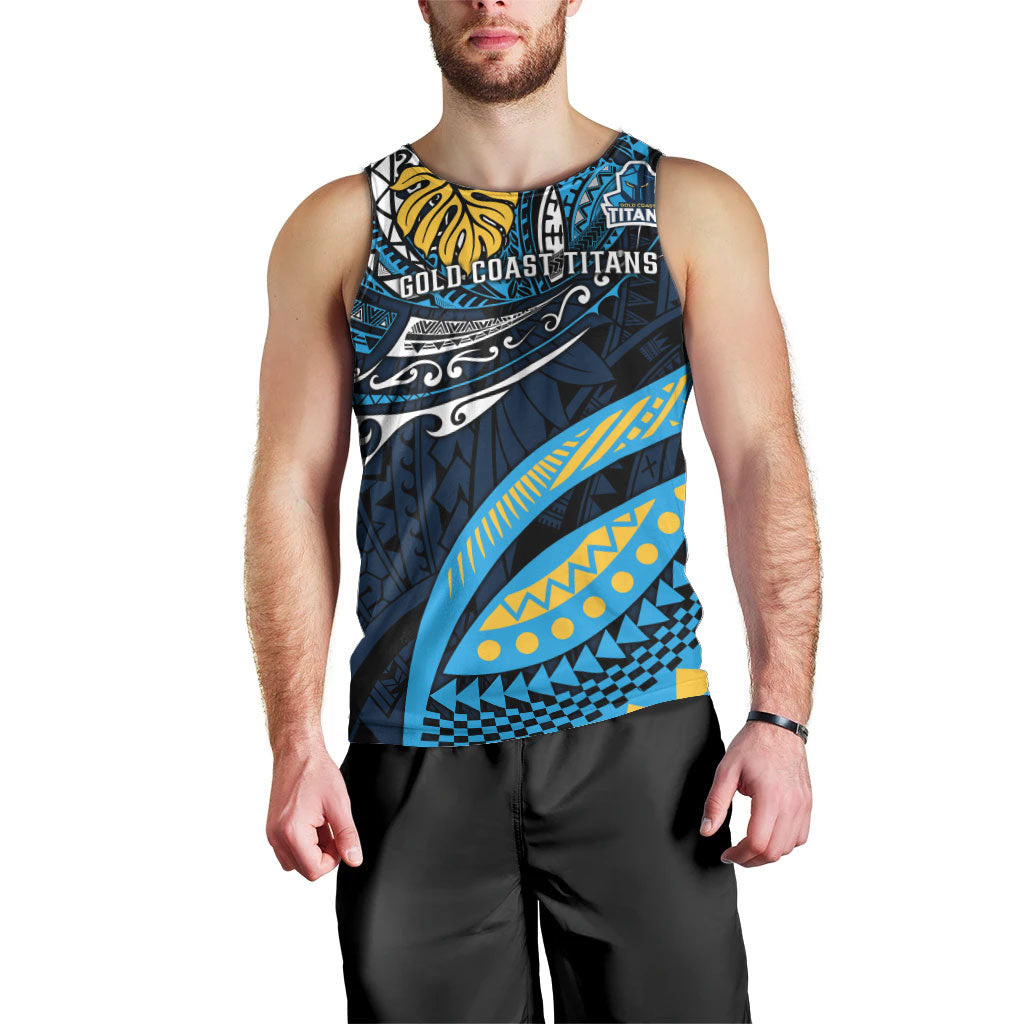 Personalised Gold Coast Titans Men Tank Top Polynesian Tribal Art Style With Spartan Titan Mascot