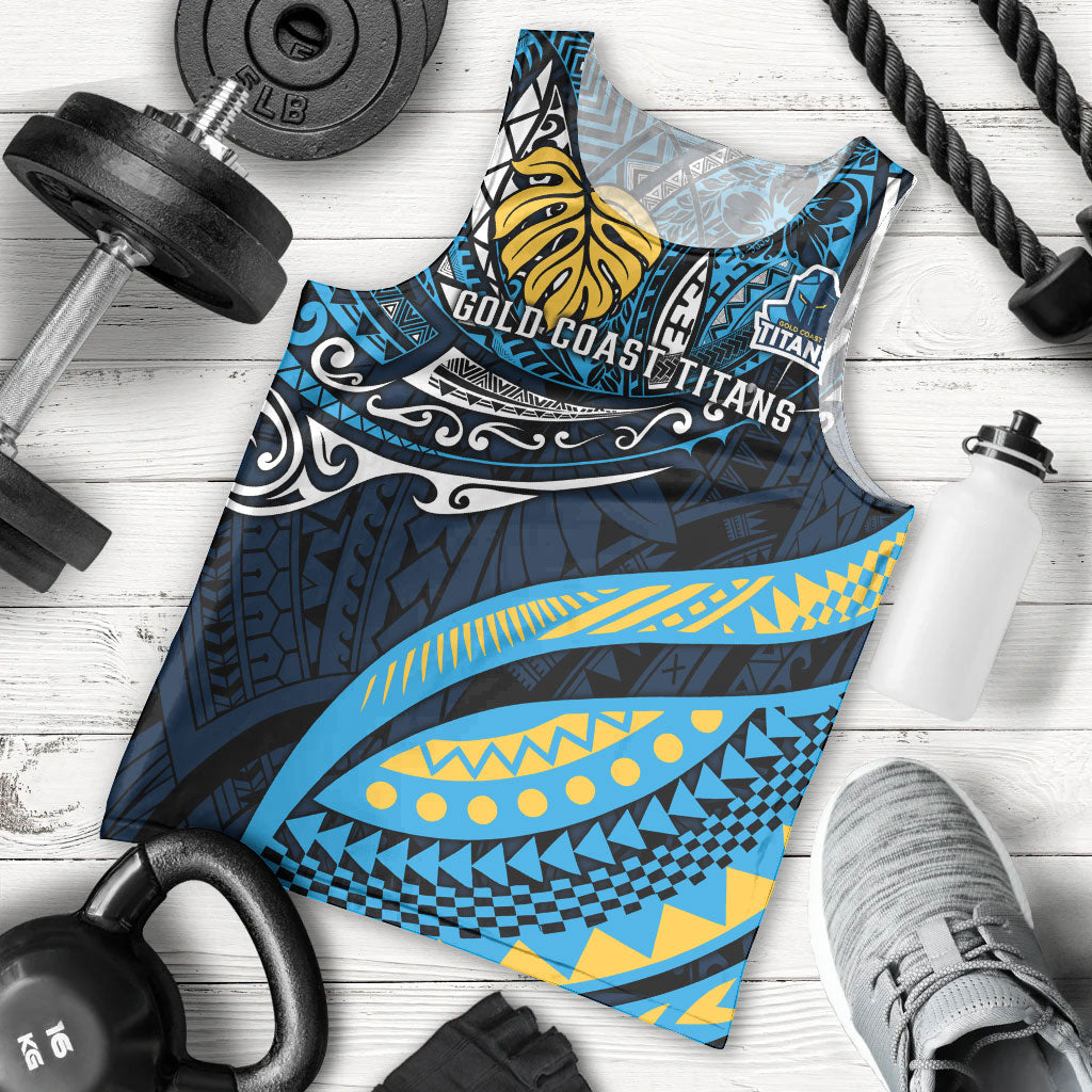 Personalised Gold Coast Titans Men Tank Top Polynesian Tribal Art Style With Spartan Titan Mascot