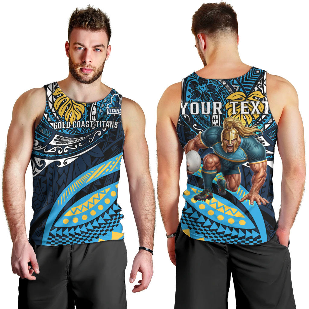 Personalised Gold Coast Titans Men Tank Top Polynesian Tribal Art Style With Spartan Titan Mascot