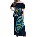 Personalised Gold Coast Titans Off Shoulder Maxi Dress Polynesian Tribal Art Style With Spartan Titan Mascot