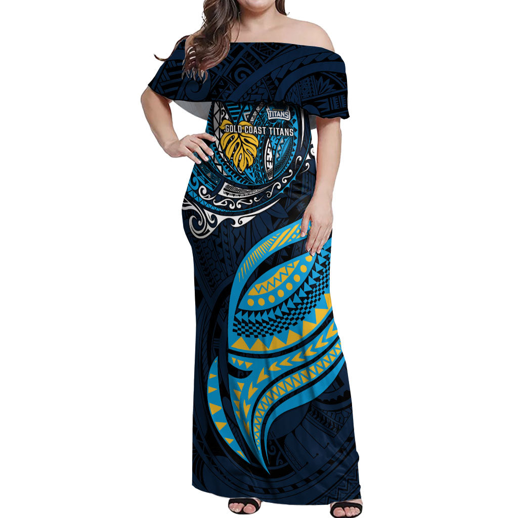Personalised Gold Coast Titans Off Shoulder Maxi Dress Polynesian Tribal Art Style With Spartan Titan Mascot