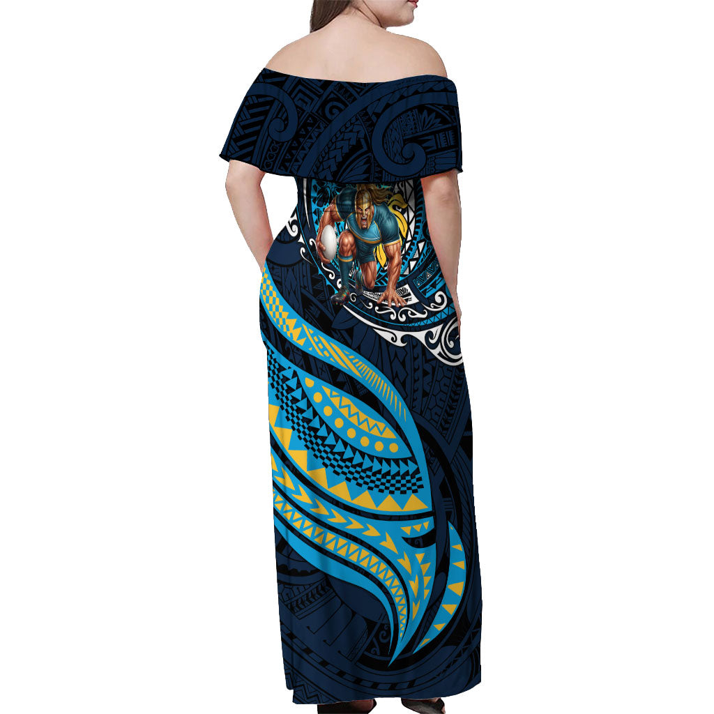 Personalised Gold Coast Titans Off Shoulder Maxi Dress Polynesian Tribal Art Style With Spartan Titan Mascot