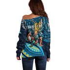 Personalised Gold Coast Titans Off Shoulder Sweater Polynesian Tribal Art Style With Spartan Titan Mascot
