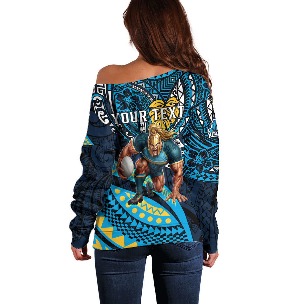Personalised Gold Coast Titans Off Shoulder Sweater Polynesian Tribal Art Style With Spartan Titan Mascot