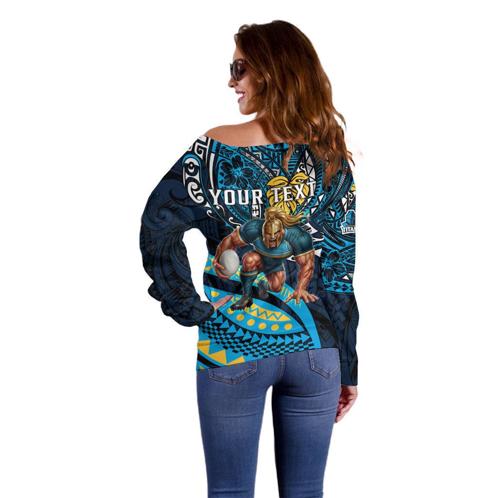 Personalised Gold Coast Titans Off Shoulder Sweater Polynesian Tribal Art Style With Spartan Titan Mascot