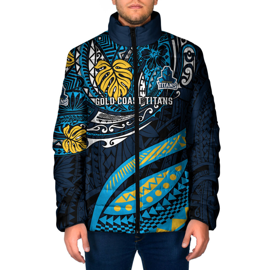 Personalised Gold Coast Titans Padded Jacket Polynesian Tribal Art Style With Spartan Titan Mascot