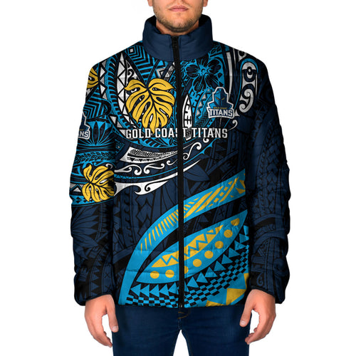 Personalised Gold Coast Titans Padded Jacket Polynesian Tribal Art Style With Spartan Titan Mascot