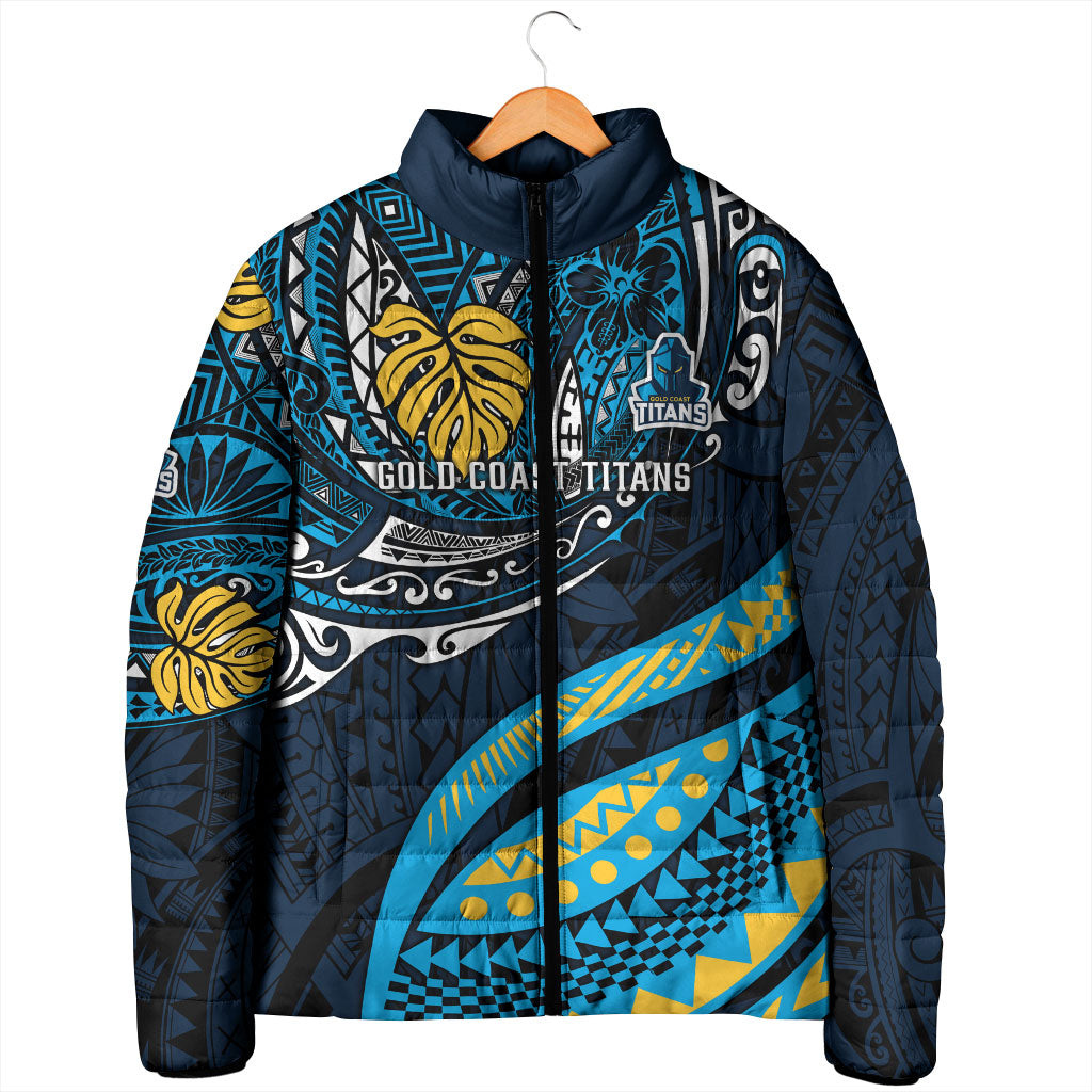 Personalised Gold Coast Titans Padded Jacket Polynesian Tribal Art Style With Spartan Titan Mascot