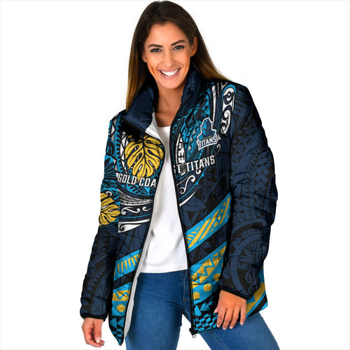 Personalised Gold Coast Titans Padded Jacket Polynesian Tribal Art Style With Spartan Titan Mascot