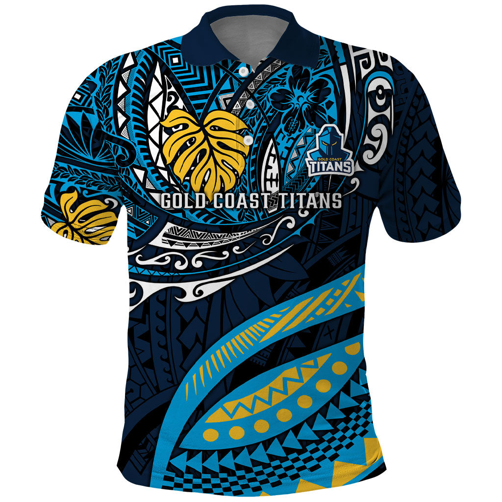 Personalised Gold Coast Titans Polo Shirt Polynesian Tribal Art Style With Spartan Titan Mascot