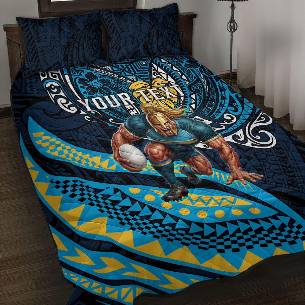 Personalised Gold Coast Titans Quilt Bed Set Polynesian Tribal Art Style With Spartan Titan Mascot