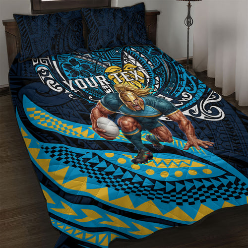 Personalised Gold Coast Titans Quilt Bed Set Polynesian Tribal Art Style With Spartan Titan Mascot