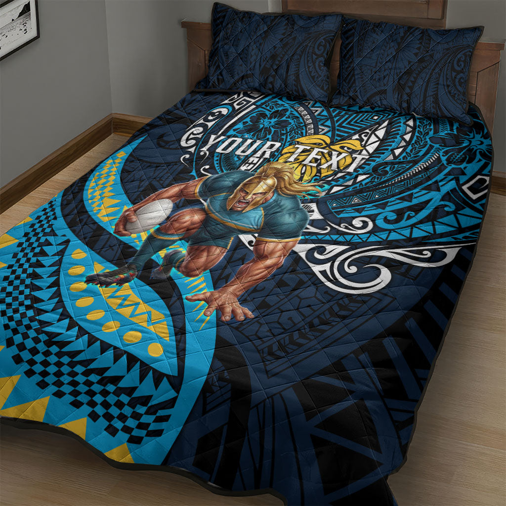 Personalised Gold Coast Titans Quilt Bed Set Polynesian Tribal Art Style With Spartan Titan Mascot