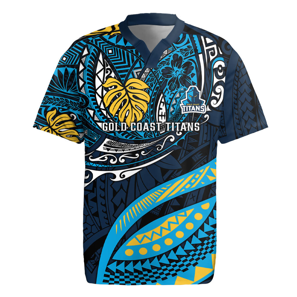 Personalised Gold Coast Titans Rugby Jersey Polynesian Tribal Art Style With Spartan Titan Mascot