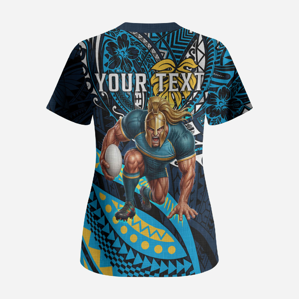 Personalised Gold Coast Titans Scrub Top Polynesian Tribal Art Style With Spartan Titan Mascot