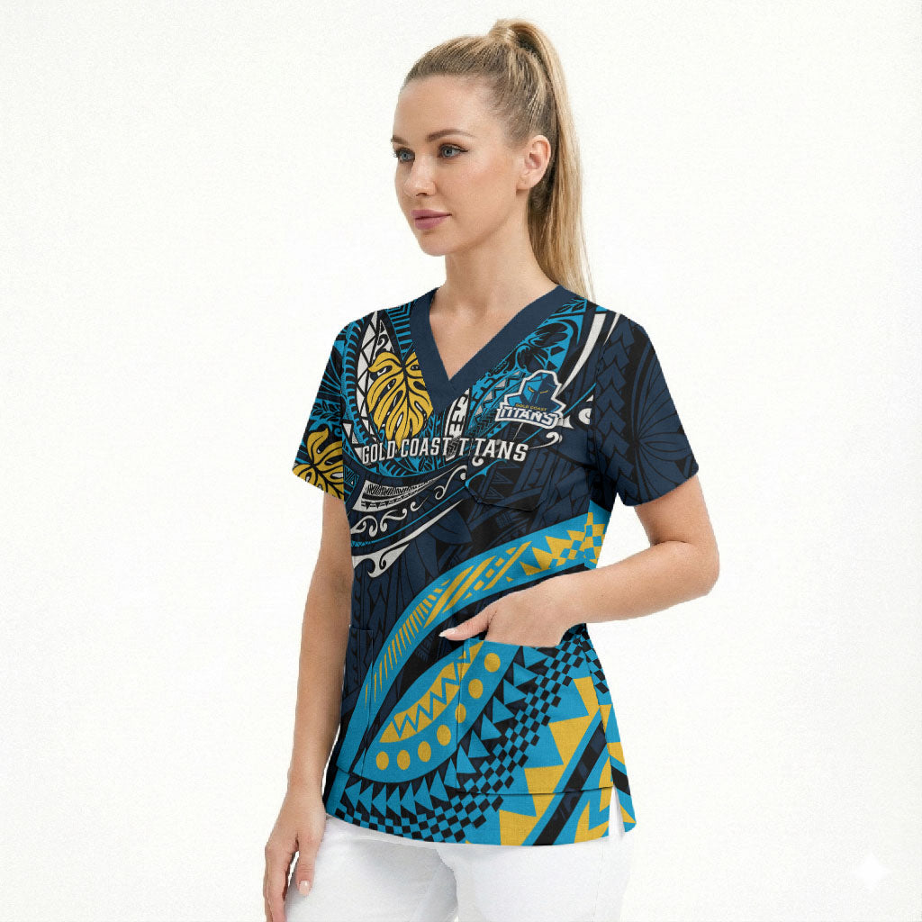 Personalised Gold Coast Titans Scrub Top Polynesian Tribal Art Style With Spartan Titan Mascot