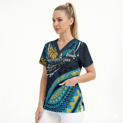 Personalised Gold Coast Titans Scrub Top Polynesian Tribal Art Style With Spartan Titan Mascot