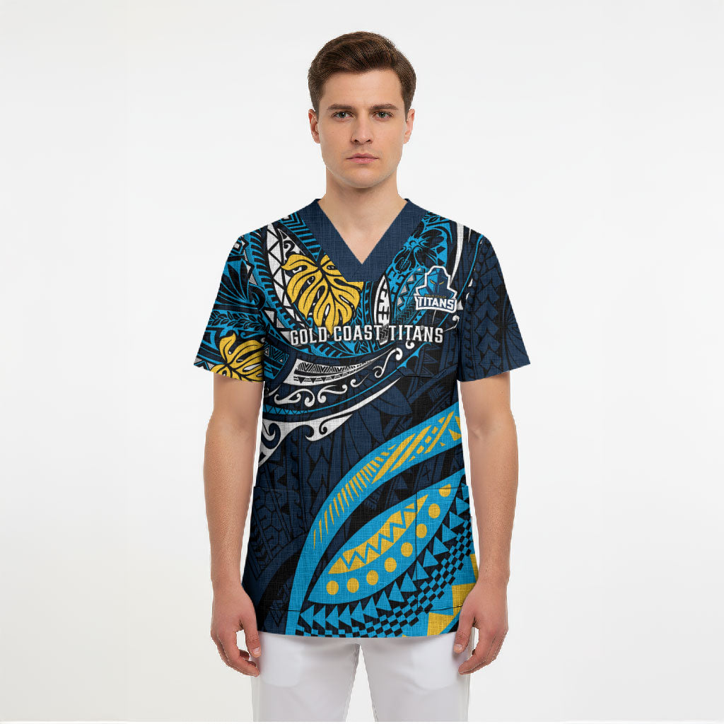 Personalised Gold Coast Titans Scrub Top Polynesian Tribal Art Style With Spartan Titan Mascot