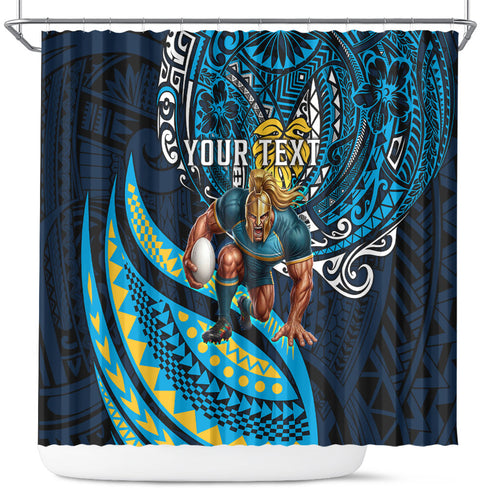 Personalised Gold Coast Titans Shower Curtain Polynesian Tribal Art Style With Spartan Titan Mascot