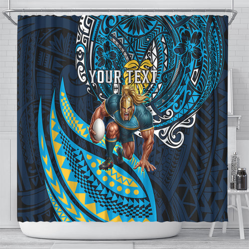 Personalised Gold Coast Titans Shower Curtain Polynesian Tribal Art Style With Spartan Titan Mascot