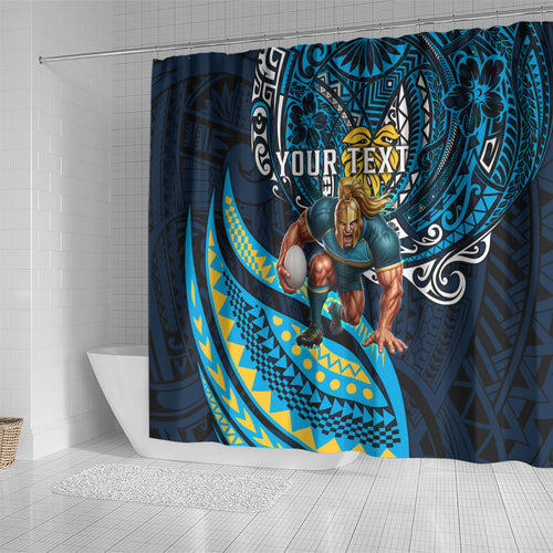 Personalised Gold Coast Titans Shower Curtain Polynesian Tribal Art Style With Spartan Titan Mascot