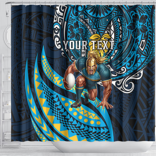 Personalised Gold Coast Titans Shower Curtain Polynesian Tribal Art Style With Spartan Titan Mascot