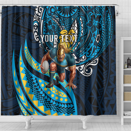 Personalised Gold Coast Titans Shower Curtain Polynesian Tribal Art Style With Spartan Titan Mascot