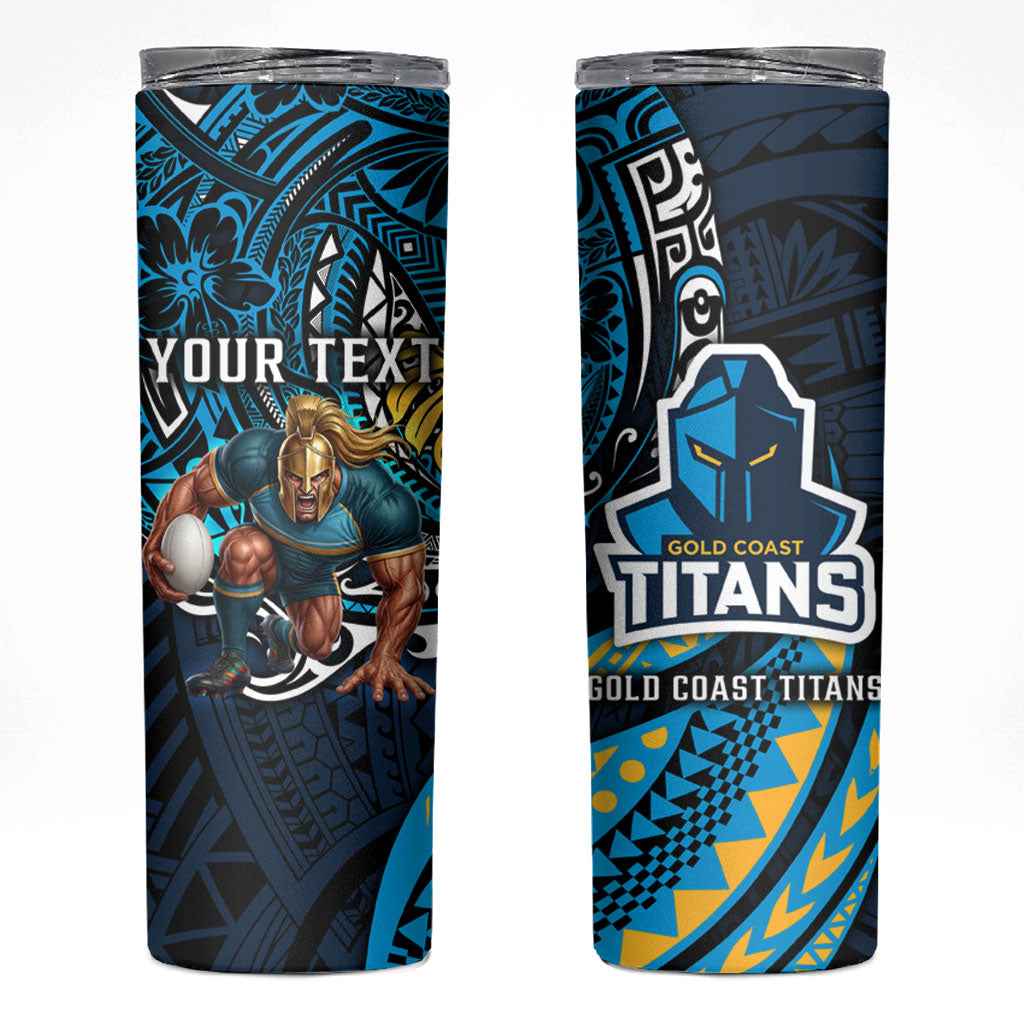 Personalised Gold Coast Titans Skinny Tumbler Polynesian Tribal Art Style With Spartan Titan Mascot