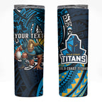 Personalised Gold Coast Titans Skinny Tumbler Polynesian Tribal Art Style With Spartan Titan Mascot