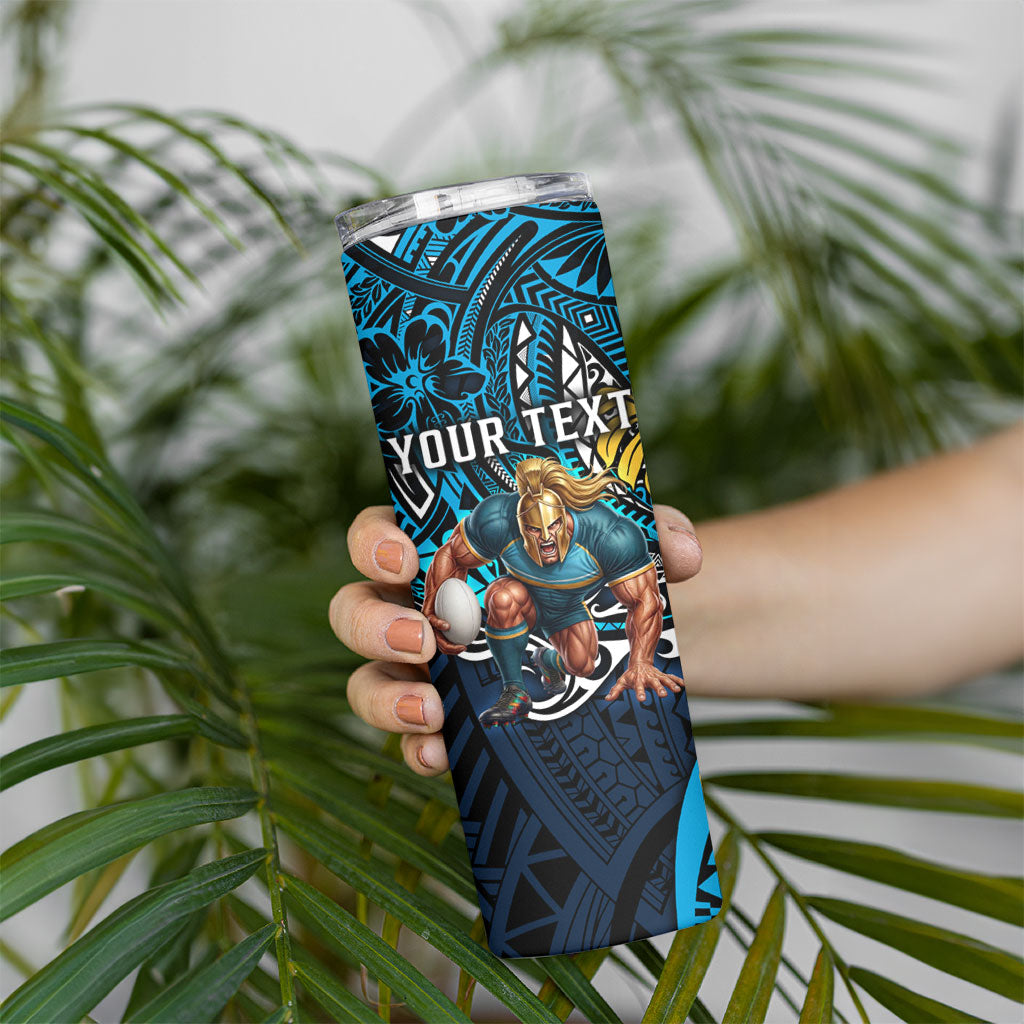 Personalised Gold Coast Titans Skinny Tumbler Polynesian Tribal Art Style With Spartan Titan Mascot
