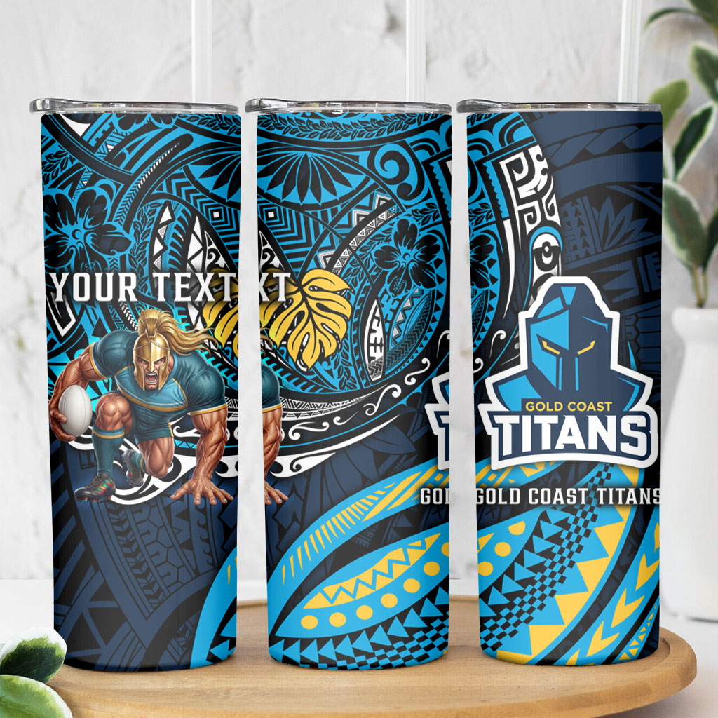 Personalised Gold Coast Titans Skinny Tumbler Polynesian Tribal Art Style With Spartan Titan Mascot