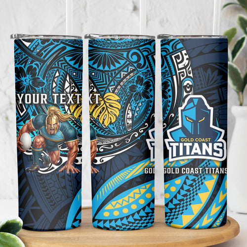 Personalised Gold Coast Titans Skinny Tumbler Polynesian Tribal Art Style With Spartan Titan Mascot
