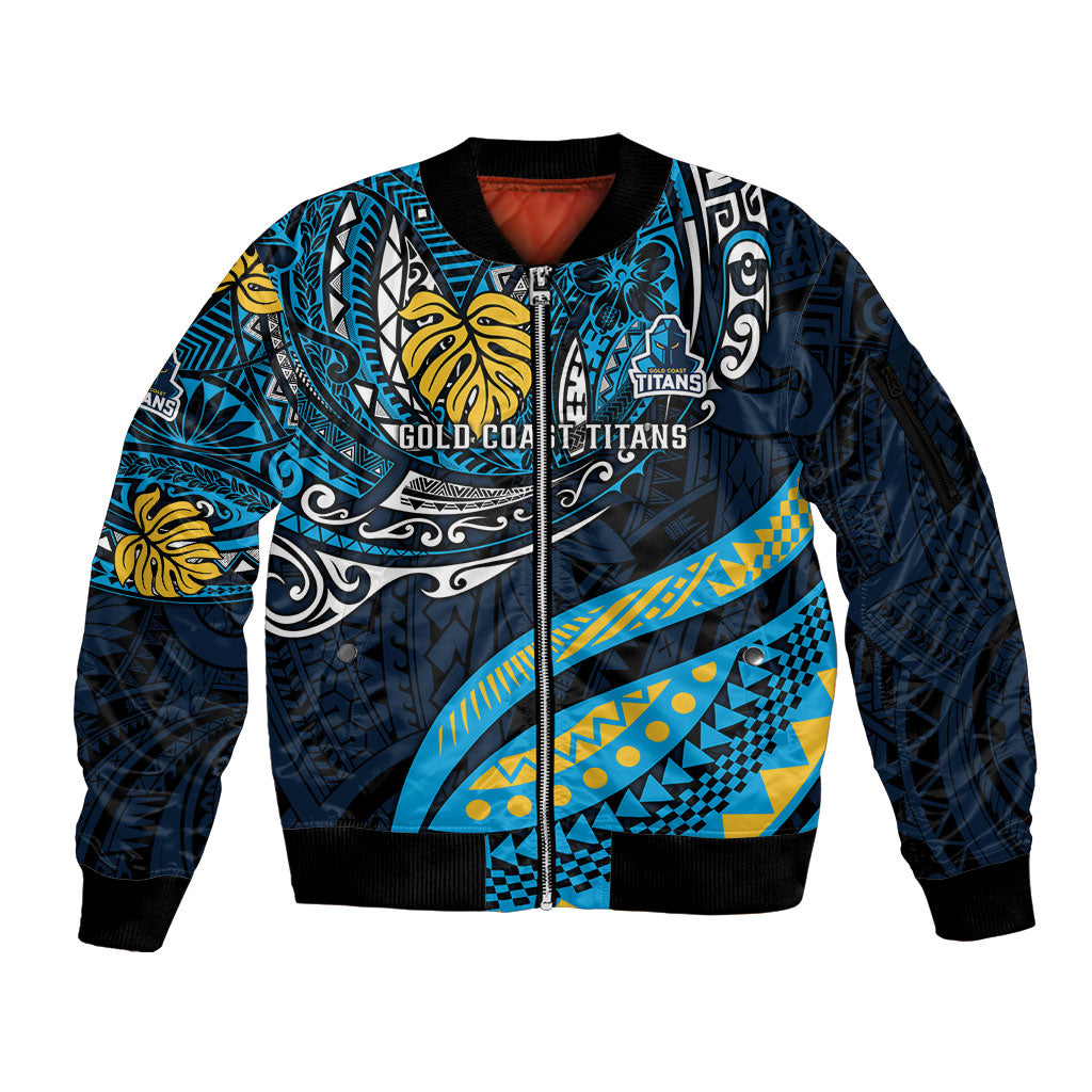 Personalised Gold Coast Titans Sleeve Zip Bomber Jacket Polynesian Tribal Art Style With Spartan Titan Mascot