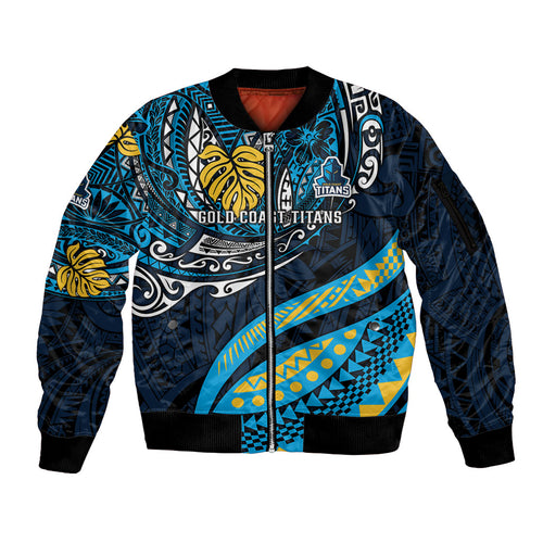 Personalised Gold Coast Titans Sleeve Zip Bomber Jacket Polynesian Tribal Art Style With Spartan Titan Mascot
