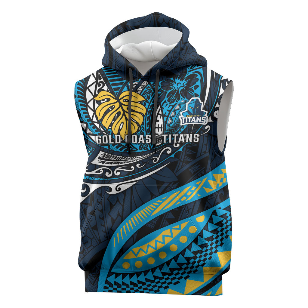 Personalised Gold Coast Titans Sleeveless Hoodie Polynesian Tribal Art Style With Spartan Titan Mascot