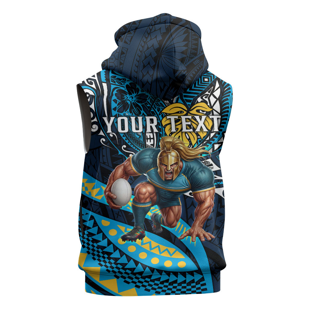Personalised Gold Coast Titans Sleeveless Hoodie Polynesian Tribal Art Style With Spartan Titan Mascot