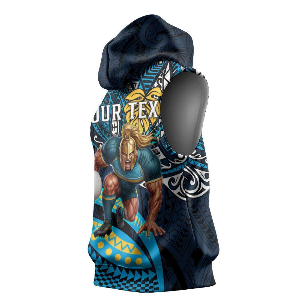 Personalised Gold Coast Titans Sleeveless Hoodie Polynesian Tribal Art Style With Spartan Titan Mascot