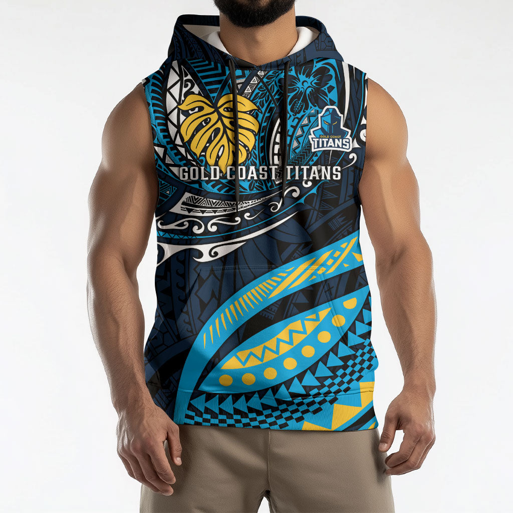 Personalised Gold Coast Titans Sleeveless Hoodie Polynesian Tribal Art Style With Spartan Titan Mascot