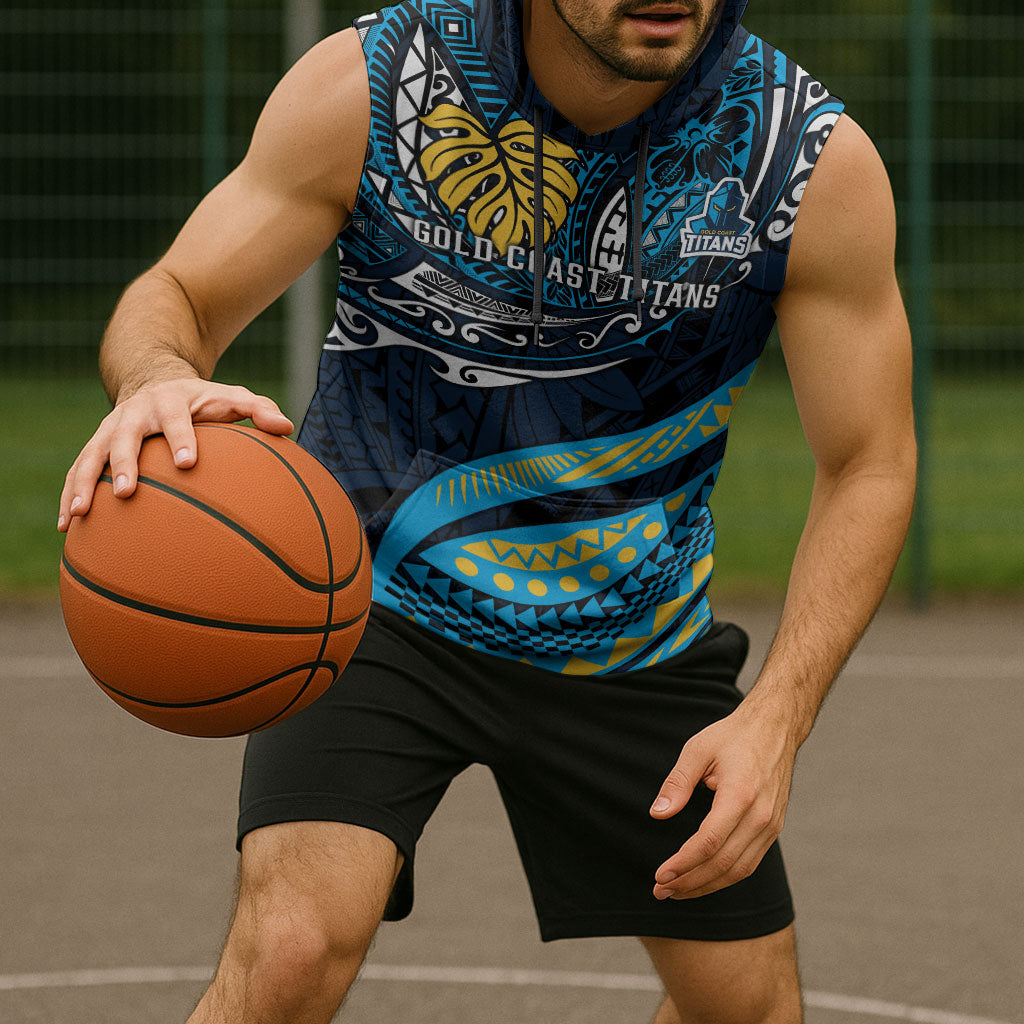 Personalised Gold Coast Titans Sleeveless Hoodie Polynesian Tribal Art Style With Spartan Titan Mascot