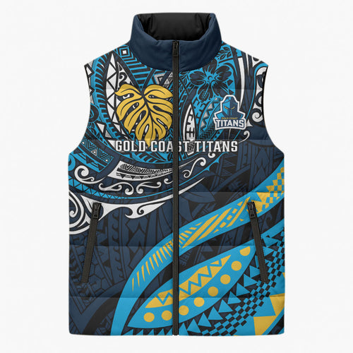 Personalised Gold Coast Titans Sleeveless Puffer Jacket Polynesian Tribal Art Style With Spartan Titan Mascot