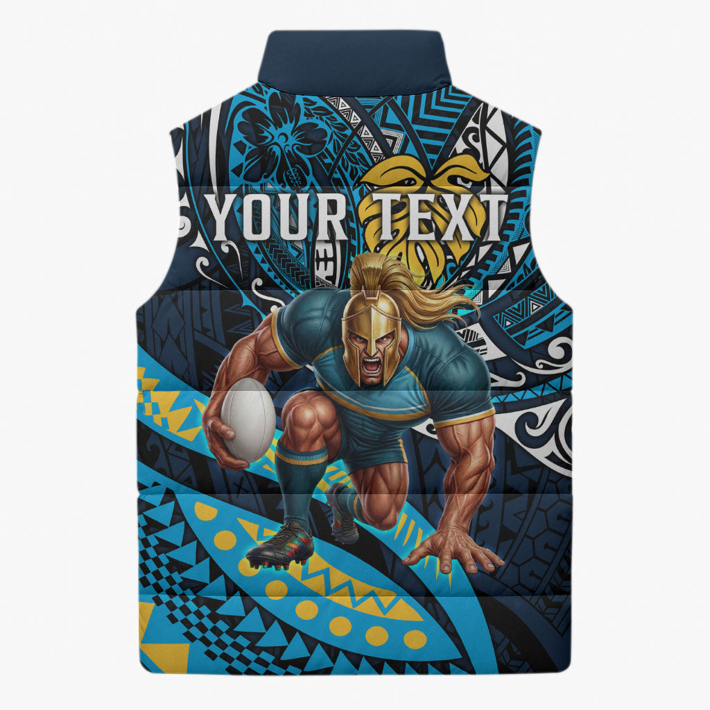 Personalised Gold Coast Titans Sleeveless Puffer Jacket Polynesian Tribal Art Style With Spartan Titan Mascot